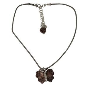 Brighton Butterfly Necklace Silver‎ Tone Brown Etched Pendant Chain Jewelry